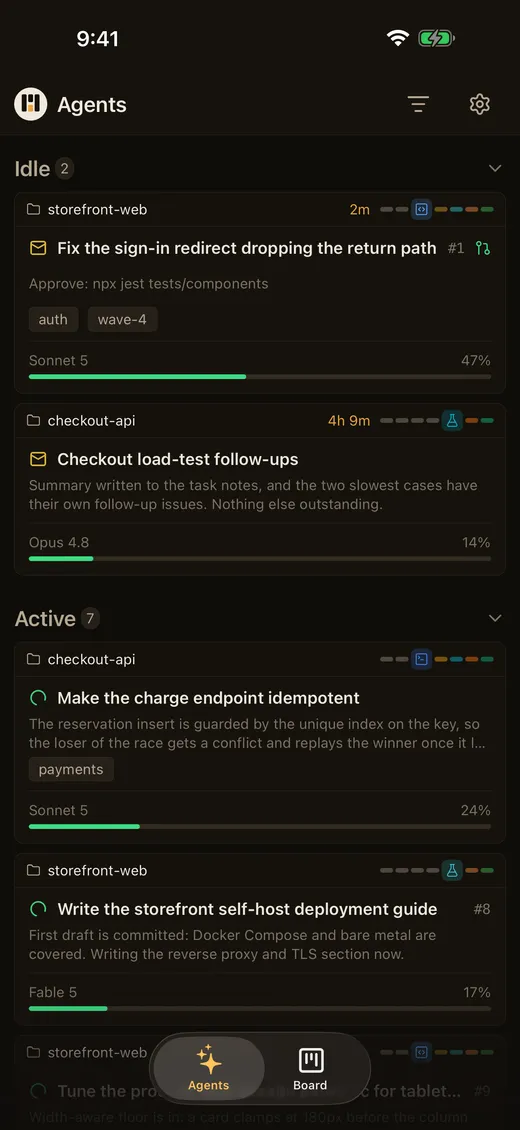 The Agents tab in Kangentic Mobile, with a session waiting on approval at the top of the Idle group