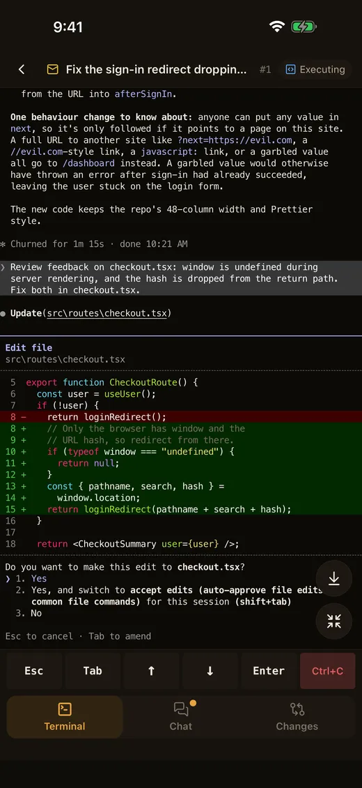 A session on the Terminal surface showing an edit to checkout.tsx as a diff, the agent asking whether to make it, and a row of Esc, Tab, arrow, Enter, and Ctrl+C keys
