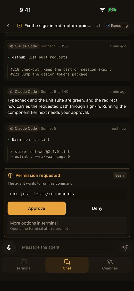A session on the Chat surface, with a permission card asking to run npx jest tests/components and Approve and Deny buttons