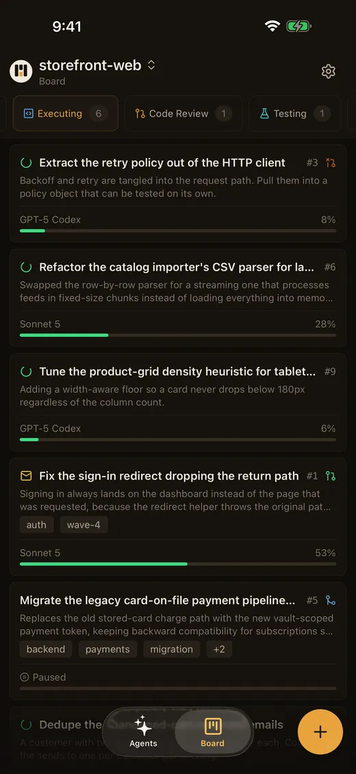 The Board tab showing the Executing column of the storefront-web project, with its live sessions
