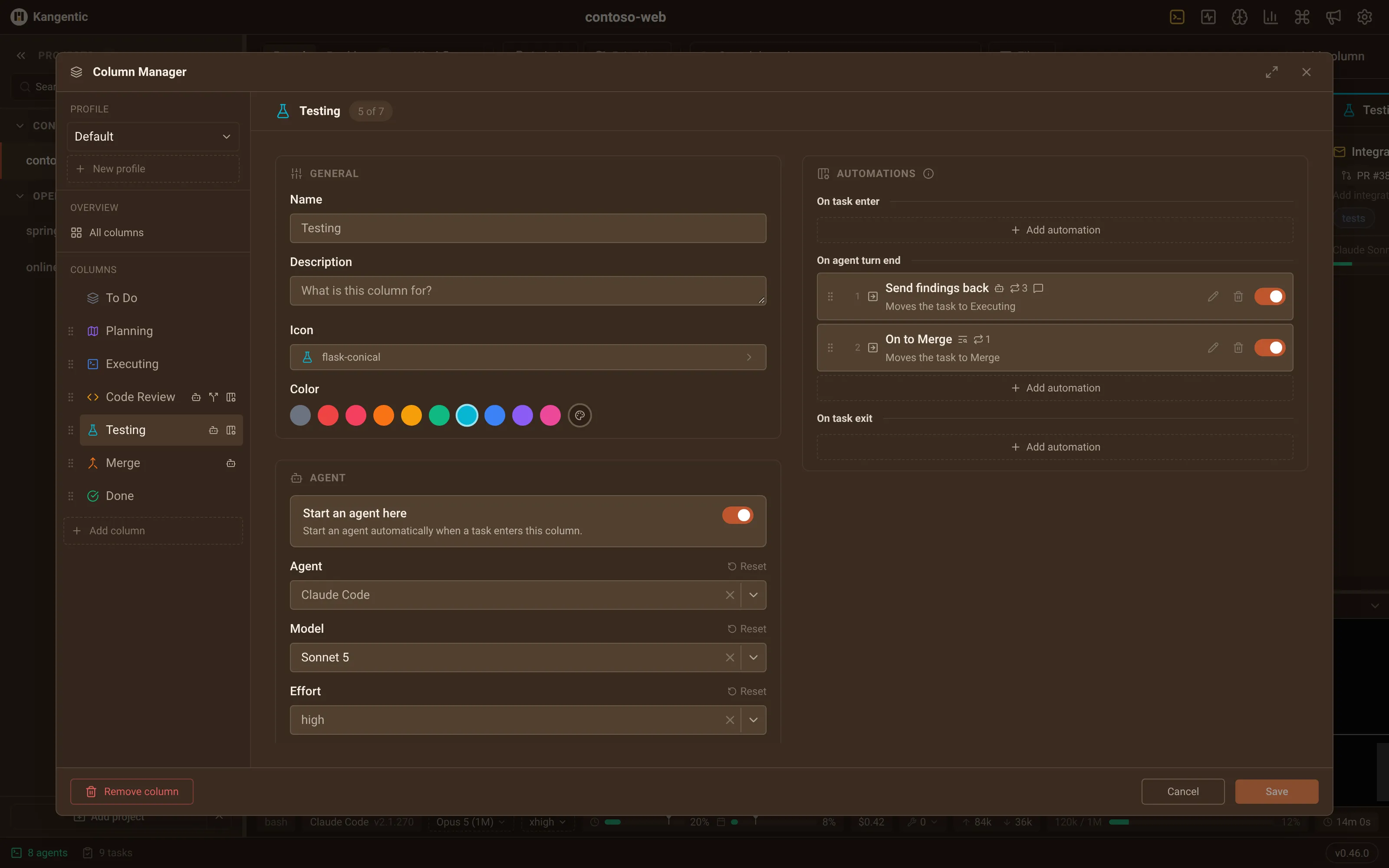 The Column Manager on Testing, where Claude Code runs on Sonnet 5. On agent turn end runs two rows in order: Send findings back to Executing, an Agent evaluation with a message, up to three times, then On to Merge, a Text match on PR: ready to merge, once.